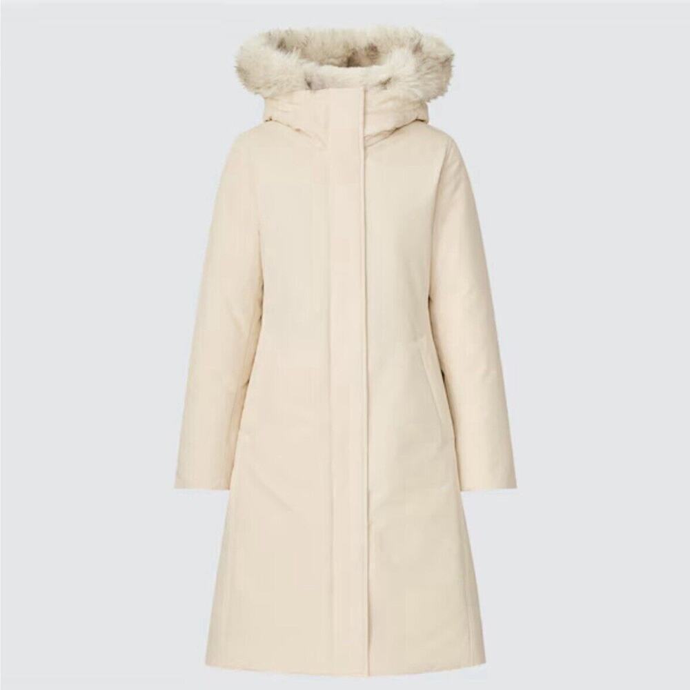 Uniqlo Ultra Warm Hybrid Down Long Coat Womens XL Natural Beige /White NWT